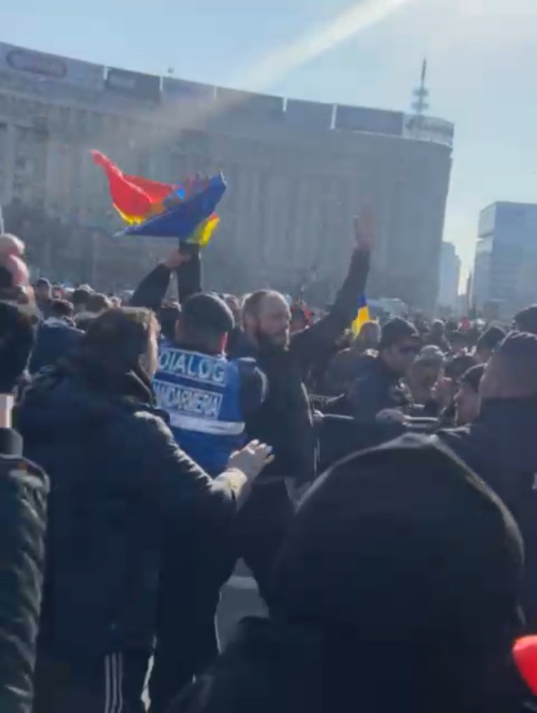 Incident la protestul din Piața Victoriei: Un cetățean ucrainean, evacuat de jandarmi pentru instigare la violență